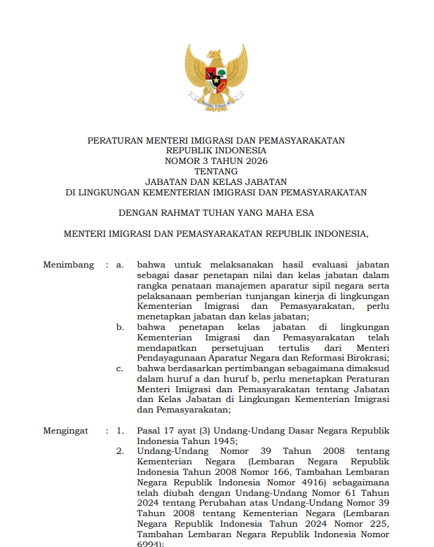 Peraturan Menteri Imigrasi dan Pemasyarakatan Republik Indonesia Nomor 3 Tahun 2026 Tentang Jabatan dan Kelas Jabatan di Lingkungan Kementerian Imigrasi dan Pemasyarakatan